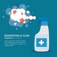 Hands sanitizer bottle and covid 19 virus with smoke vector design