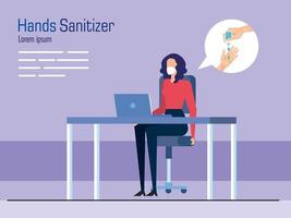 Businesswoman with mask on desk and hands sanitizer vector design