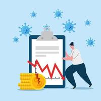 woman with document and broken coins of bankruptcy vector design