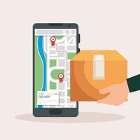 hands holding delivery box and smartphone with gps marks vector design