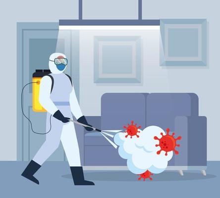 Man with protective suit spraying home room with covid 19 vector design