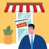 sad businessman on store of bankruptcy vector design