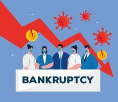 businesspeople with masks and decrease arrow of bankruptcy vector design