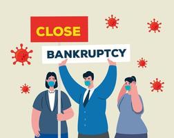 businesspeople with masks and close bankruptcy vector design