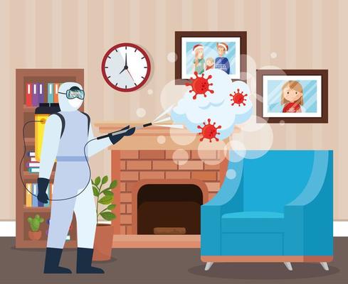 Man with protective suit spraying home room with covid 19 vector design