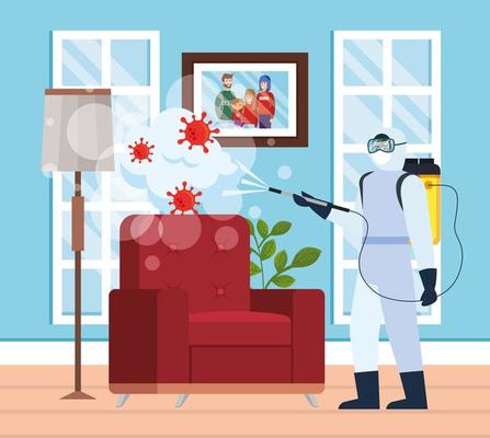 Man with protective suit spraying home room with covid 19 vector design