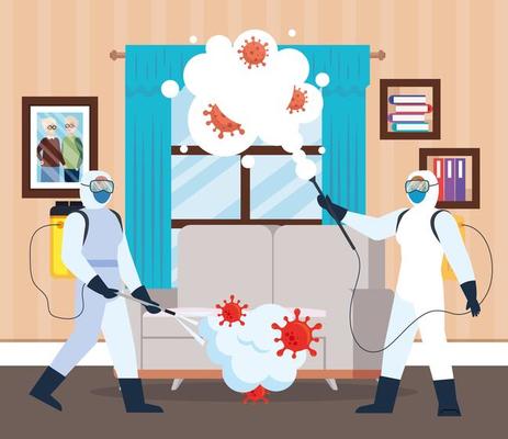 Men with protective suit spraying home window and couch with covid 19 vector design