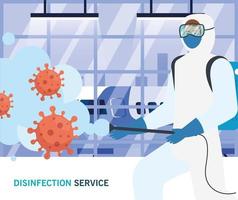 Man with protective suit spraying airport hall with covid 19 vector design