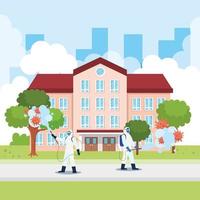 Men with protective suit spraying school building with covid 19 vector design