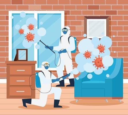 Men with protective suit spraying home window and chair with covid 19 vector design