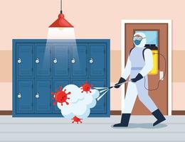 Man with protective suit spraying school hall with covid 19 vector design