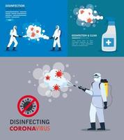 Hombres con traje protector rociando virus covid 19 y diseño vectorial de botella desinfectante vector