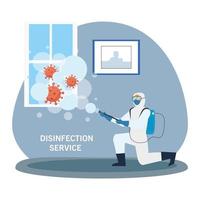 Man with protective suit spraying home window with covid 19 vector design