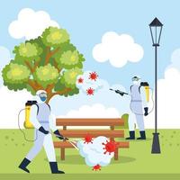 Men with protective suit spraying park tree and bench with covid 19 vector design