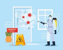 Man with protective suit spraying room with covid 19 vector design