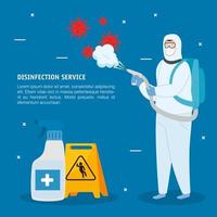 Man with protective suit spraying covid 19 virus and sanitizer bottle vector design