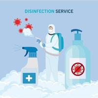 Man with protective suit spraying covid 19 virus and sanitizer bottles vector design