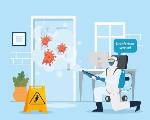 Man with protective suit spraying office room with covid 19 vector design