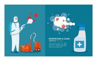 Man with protective suit spraying cleaning equipment and sanitizer with covid 19 vector design