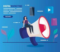 woman with megaphone and icon set of digital marketing vector design