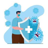Man with medical mask and shield and cartoons vector design