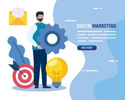 man with gear and icon set of digital marketing vector design