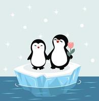 Linda pareja de pingüinos felices en témpano de hielo vector