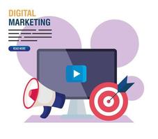 Computer with megaphone and target of digital marketing vector design