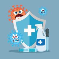 Shield hands sanitizer and covid 19 virus cartoons vector design