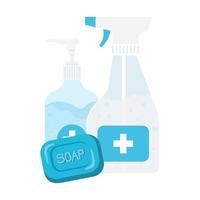 Hands sanitizer bottle and soap bar vector design