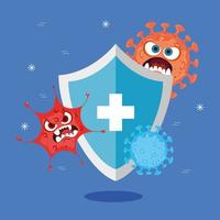 Shield with cross covid 19 virus cartoons vector design