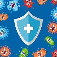 Shield with cross covid 19 virus cartoons frame vector design