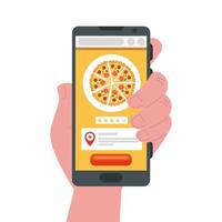 Mano que sostiene el teléfono inteligente con pizza de diseño vectorial de entrega segura vector