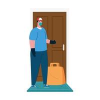 Delivery man with mask and bag in front of door vector design