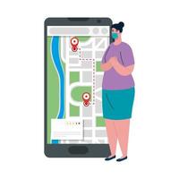 Woman client with mask and smartphone with gps marks vector design