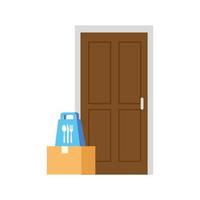 Delivery box and food bag in front of door vector design