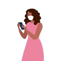 Woman avatar with medical mask and smartphone vector design