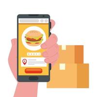 mano sujetando martphone con hamburguesa y cajas de diseño vectorial vector