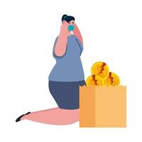 Woman with mask and broken coins of bankruptcy vector design