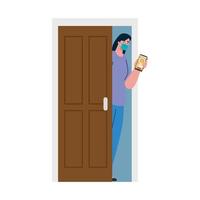 Woman client with mask and smartphone behind door vector design