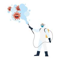 Man with protective suit spraying covid 19 virus cartoons vector design