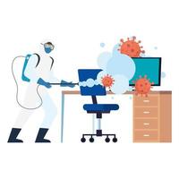 Man with protective suit spraying office desk with covid 19 virus vector design