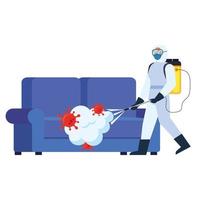 Man with protective suit spraying couch with covid 19 virus vector design