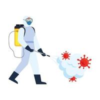 Man with protective suit spraying covid 19 virus vector design