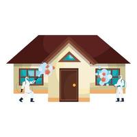 Men with protective suit spraying house with covid 19 virus vector design