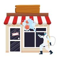 Man with protective suit spraying store with covid 19 virus vector design