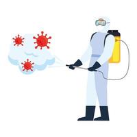 Man with protective suit spraying covid 19 virus vector design