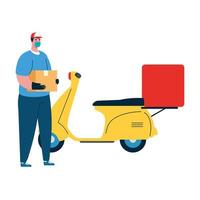 Delivery man with mask motorcycle and box vector design