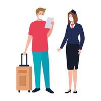 Stewardess and man with medical mask and bag vector design