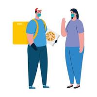 Delivery man and woman client with mask and pizza box vector design